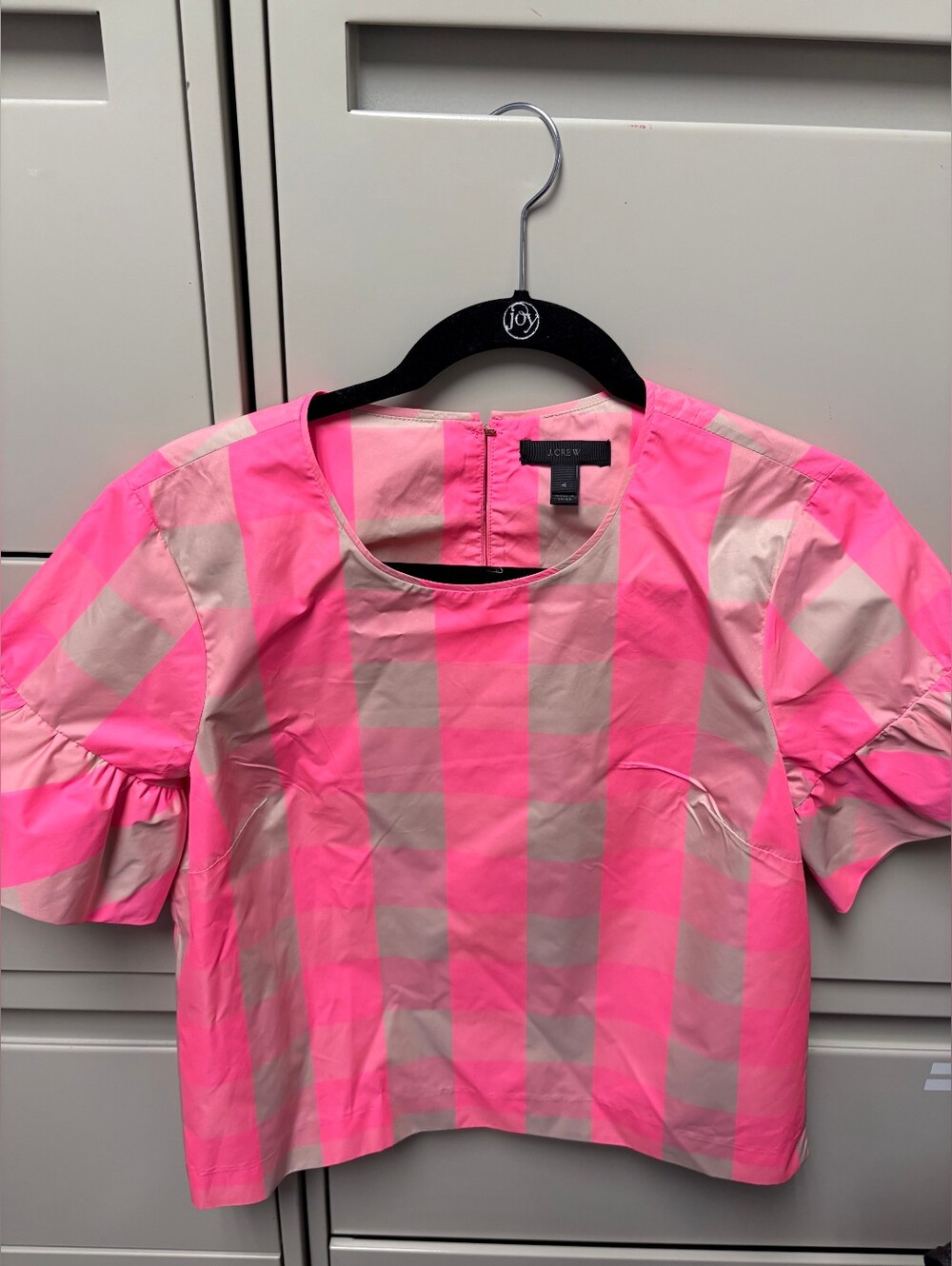 J. Crew Pink and Cream Gingham Puff Sleeve Top